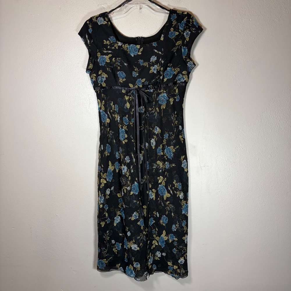 Vintage‎ Jody California Floral Midi Dress Womens S Black Blue Chiffon 90s Rose